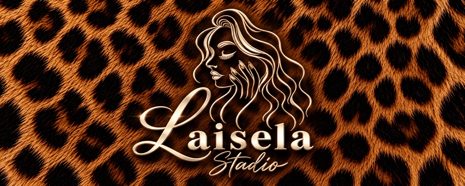 Laisela Studio logo in goud op een panterprint achtergrond